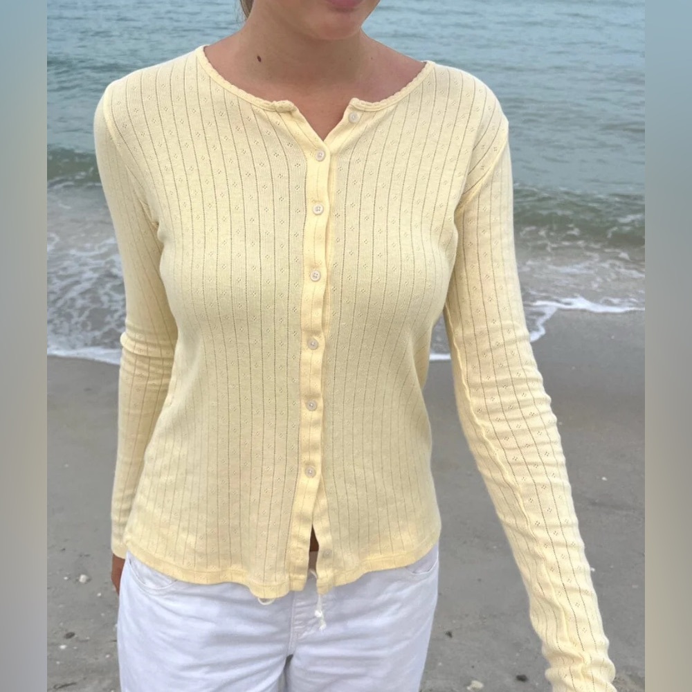 Brandy Melville John Galt Yellow Pointelle Long Sleeve Button up